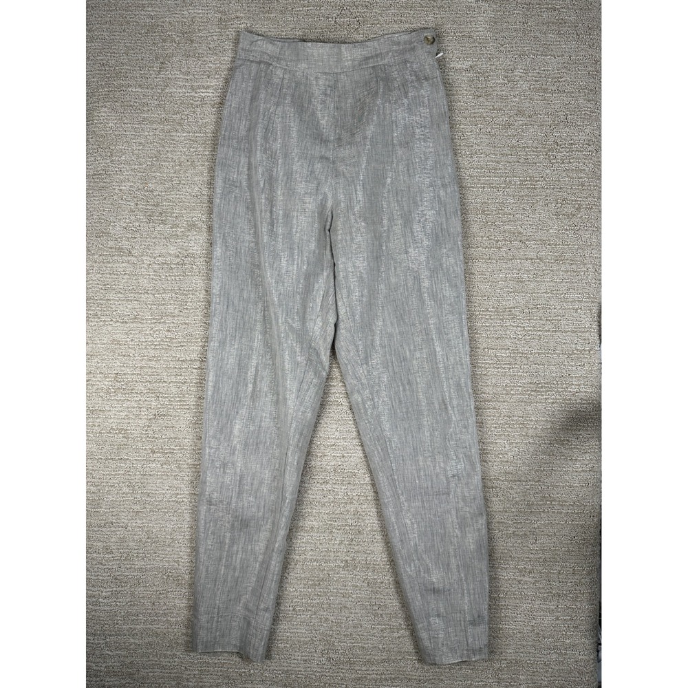 Lorena Conte Paris Grey Linen Metallic High Waist Pleated Trousers Pants Womens